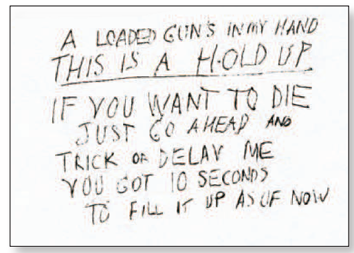 The hold-up note in the Pont Street robbery