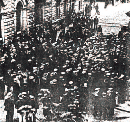 The crowd outside the police court in Keighley during the hearing of the murder charge