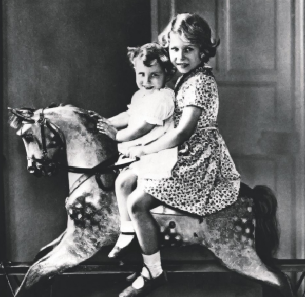 Together on a rocking horse in 1932; at their cottage in the grounds of Royal Lodge Windsor