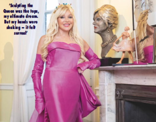 Lady Petchey with the sculpture of Dame Joanna Lumley on the mantelpiece in her art-filled living room