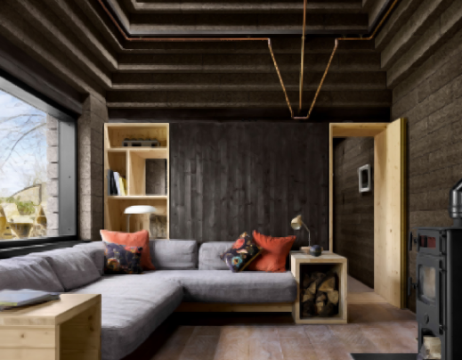 The kitchen/living room at Cork House, Berkshire, a foray into ecological construction by Matthew Barnett Howland and Dido Milne